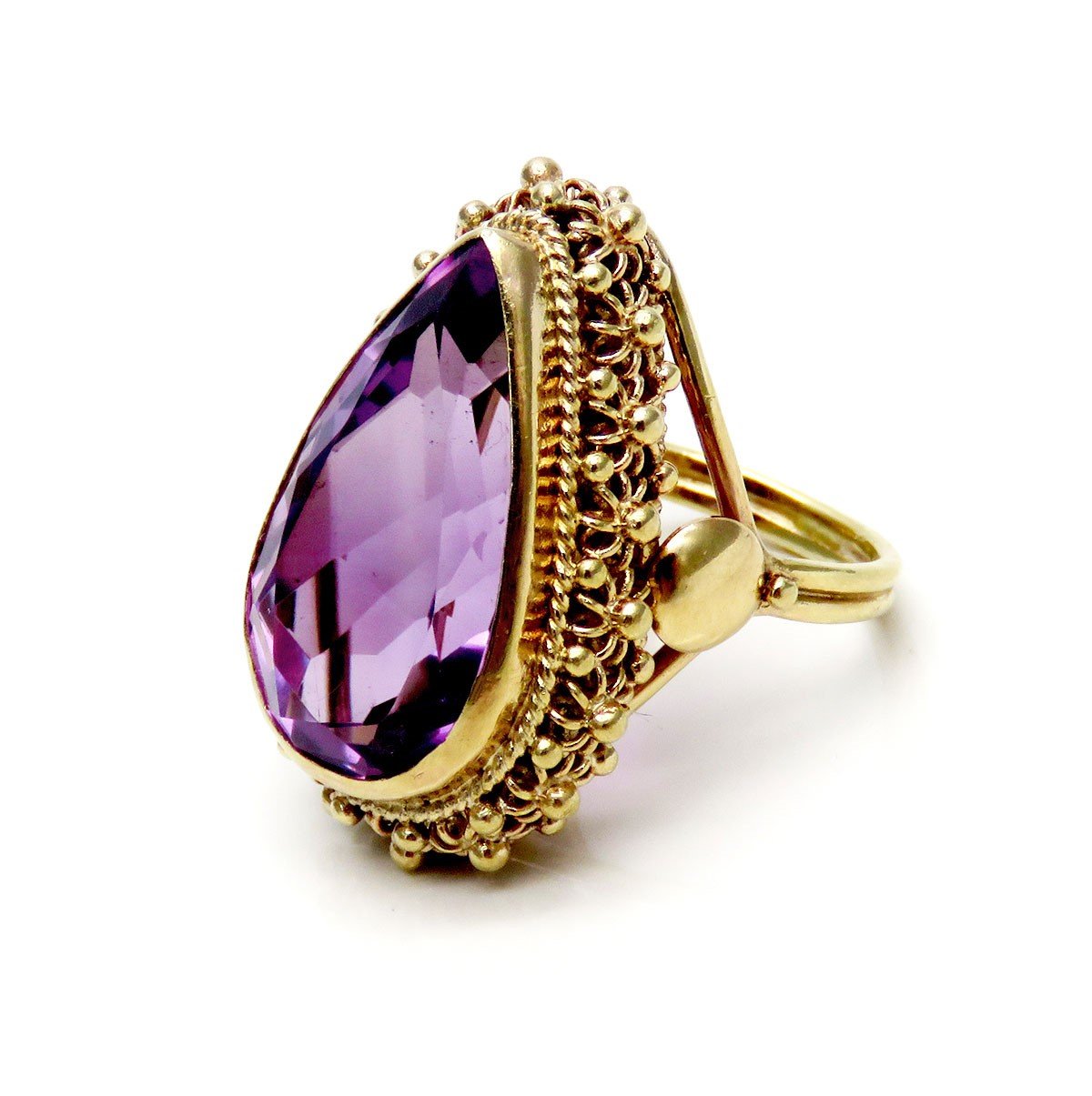 Gorgeous Retro 14k Yellow Gold ~8.75ct Purple Amethyst Teardrop Gemstone Ring