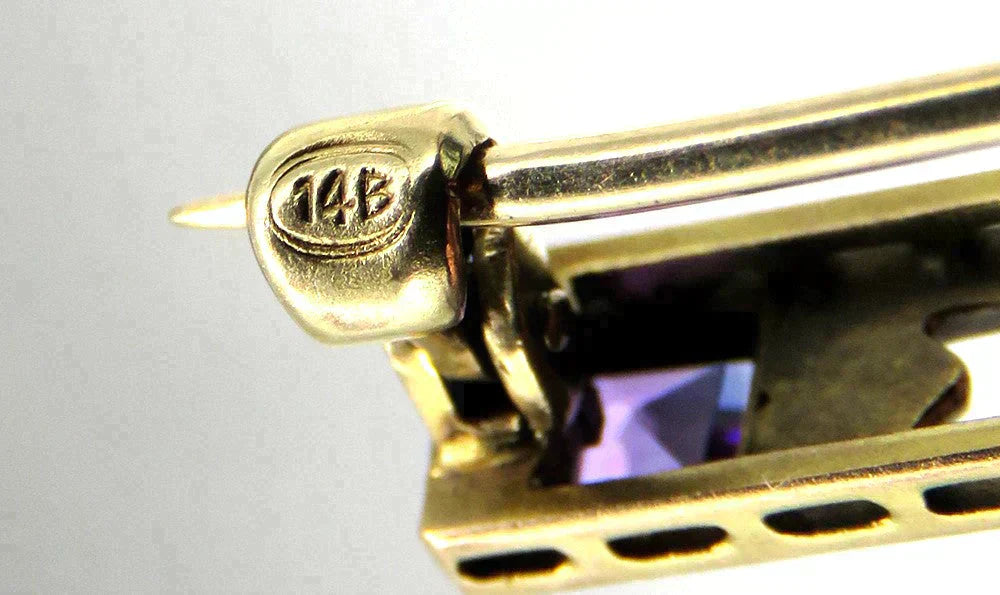 Antique Art Nouveau 14K Yellow Gold Natural Amethyst Gemstone Bar Pin Brooch