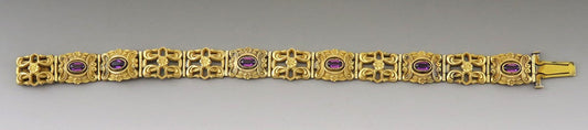 Antique Art Nouveau Yellow Gold Filled 6 Amethyst Gemstone Linked Bracelet
