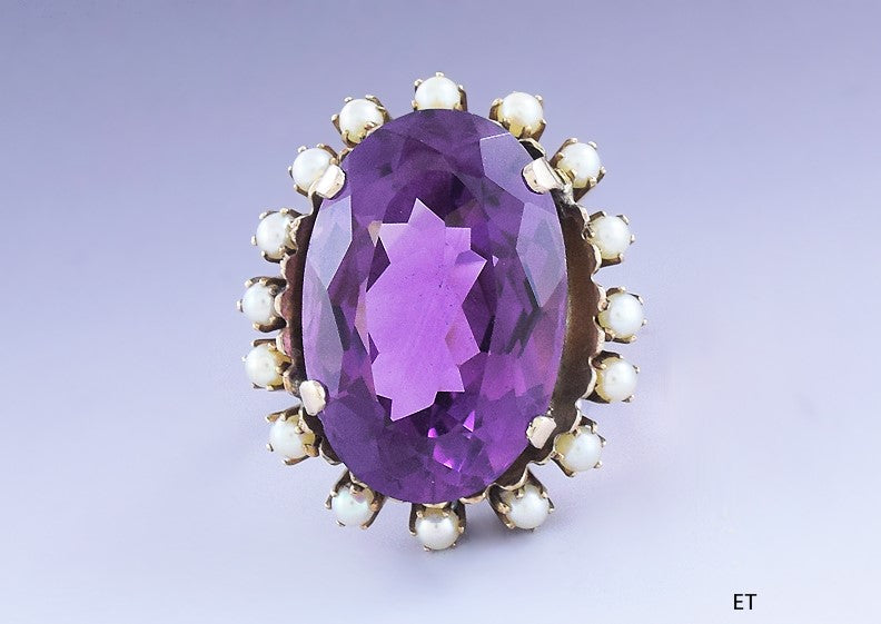 Gorgeous 14k Yellow Gold 19.33ct Amethyst & Seed Pearl Halo Ring Size 6.5
