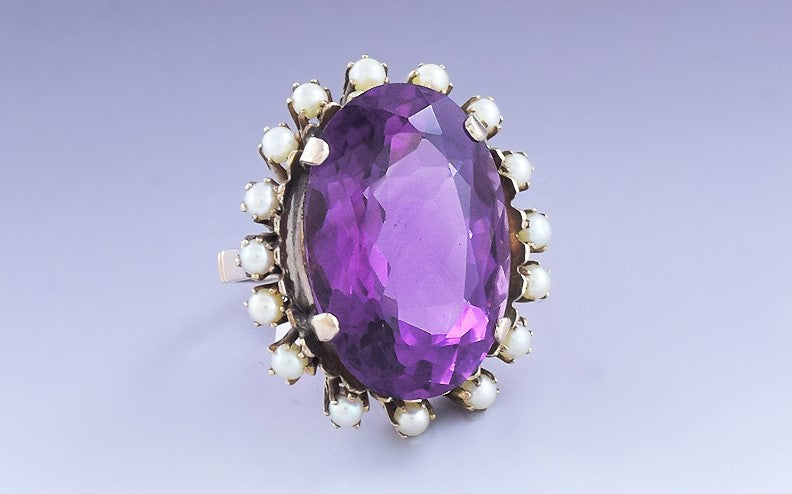 Gorgeous 14k Yellow Gold 19.33ct Amethyst & Seed Pearl Halo Ring Size 6.5
