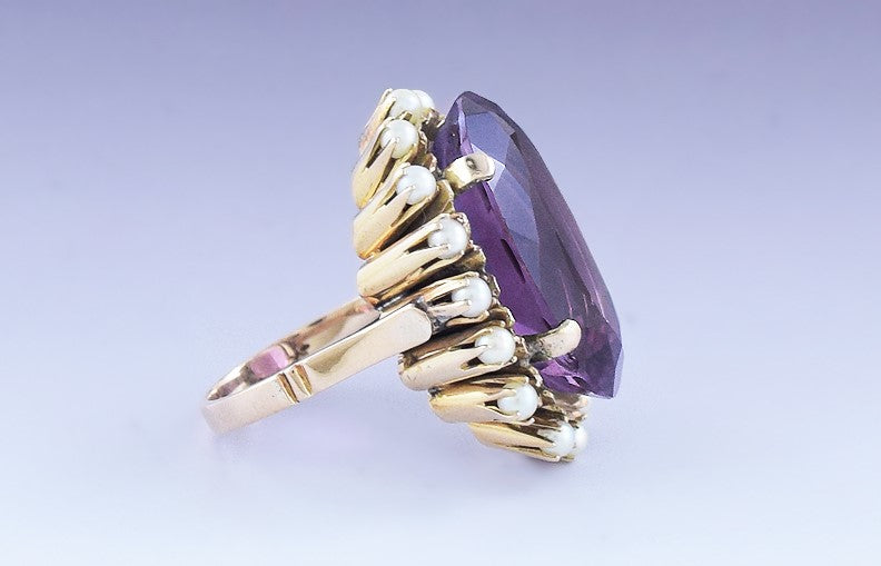 Gorgeous 14k Yellow Gold 19.33ct Amethyst & Seed Pearl Halo Ring Size 6.5