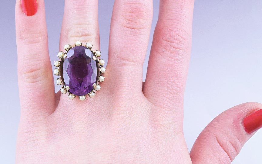 Gorgeous 14k Yellow Gold 19.33ct Amethyst & Seed Pearl Halo Ring Size 6.5