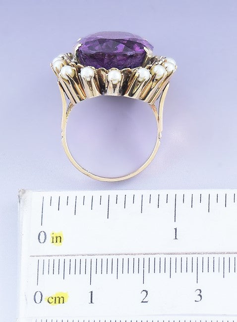 Gorgeous 14k Yellow Gold 19.33ct Amethyst & Seed Pearl Halo Ring Size 6.5