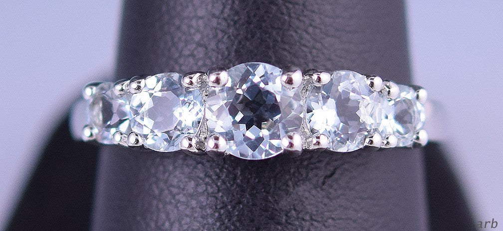 Vibrant Sterling Silver Ring w/ 5 Prong-Set Aquamarine Stones, China, Sz 8.25