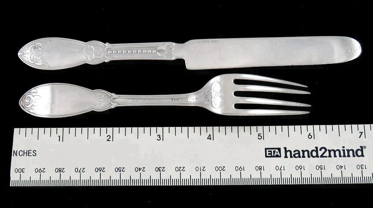 Antique Coin Silver John Polhemus Oriental Youth Child Fork Knife Flatware Set