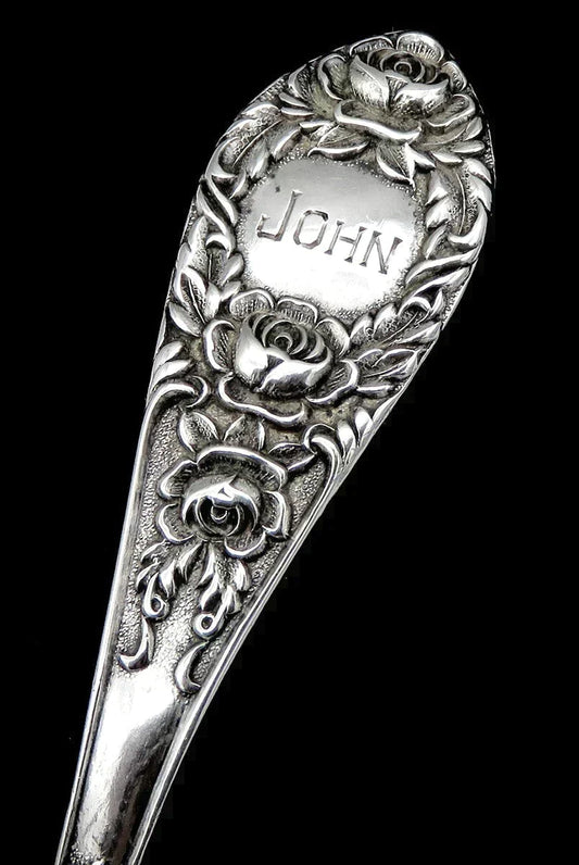 Vintage S Kirk & Son Rose 1937 Sterling Silver 'John' Mono Baby/Child Spoon