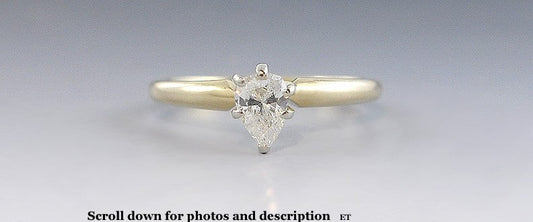 Exquisite American 14k Yellow Gold Solitaire Ring W/ Pear Cut Diamond
