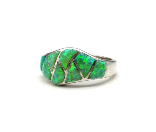 Handcrafted Sterling Silver Green/Blue Opal Stone Band Ring Size 6