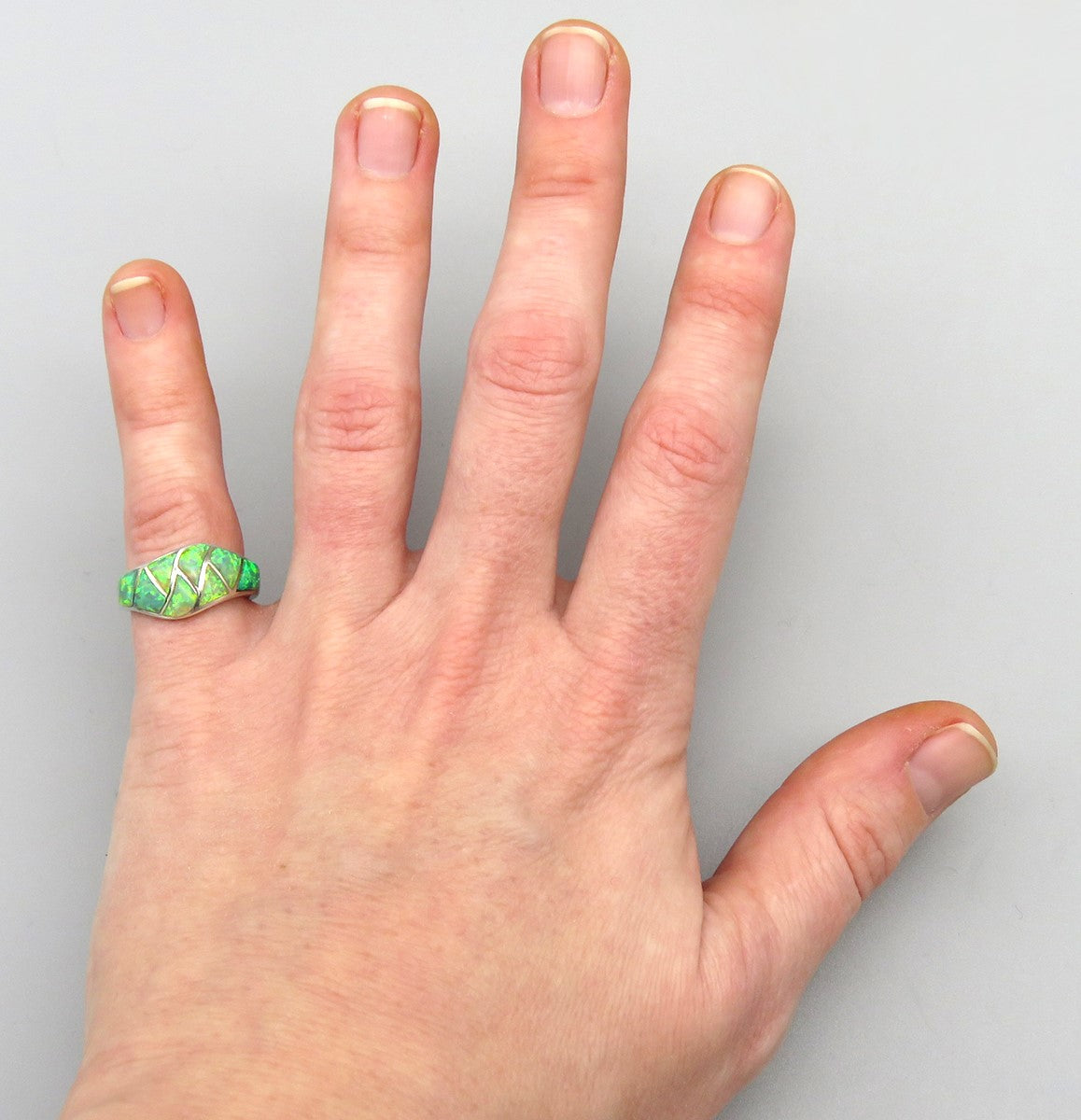 Handcrafted Sterling Silver Green/Blue Opal Stone Band Ring Size 6