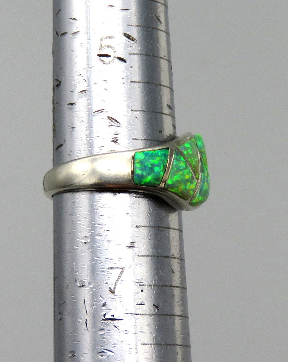 Handcrafted Sterling Silver Green/Blue Opal Stone Band Ring Size 6