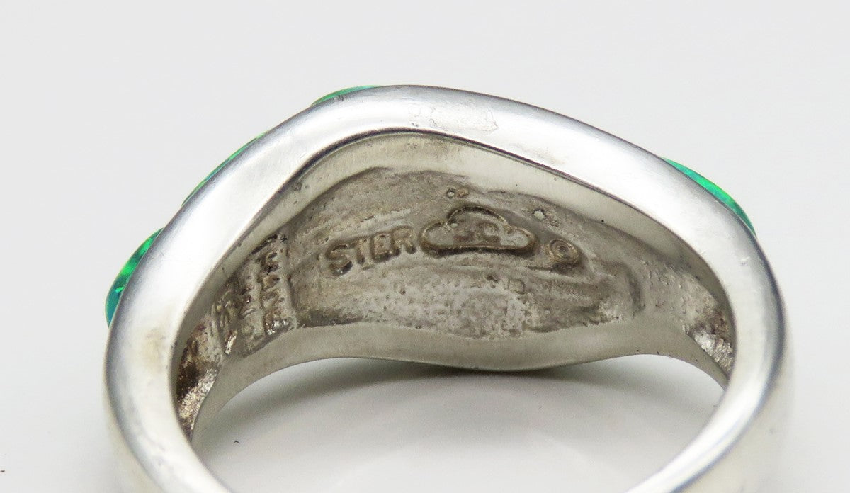 Handcrafted Sterling Silver Green/Blue Opal Stone Band Ring Size 6