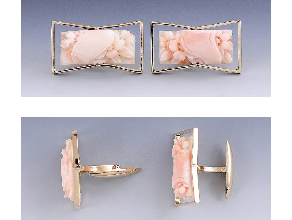 Lovely Chinese Carved Coral 14 Karat Gold Cufflinks & Tie Clip Set
