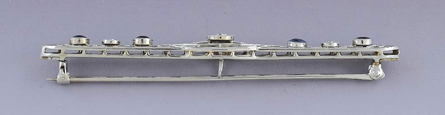 c1920s Elegant 10k White Gold Sapphire & Diamond Filigree Bar Pin Brooch