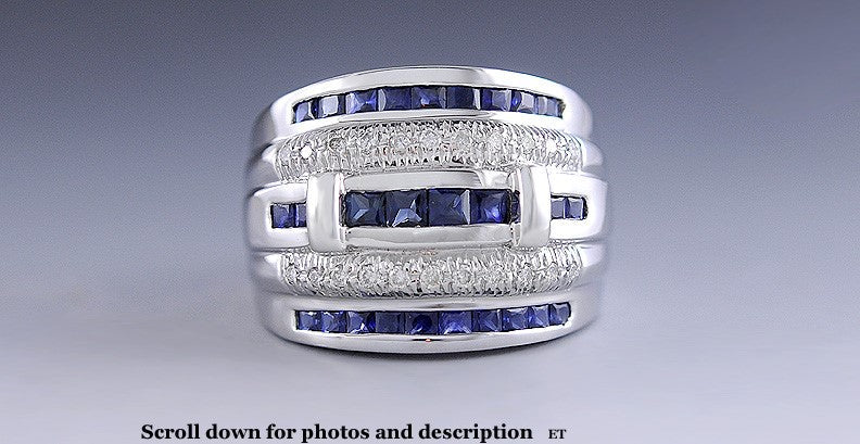 Gorgeous 14k White Gold Diamond Blue Sapphire Channel Set Ring Size 7