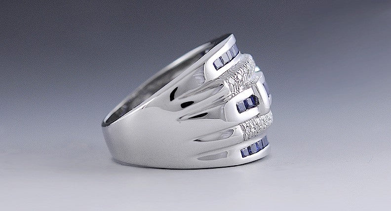 Gorgeous 14k White Gold Diamond Blue Sapphire Channel Set Ring Size 7