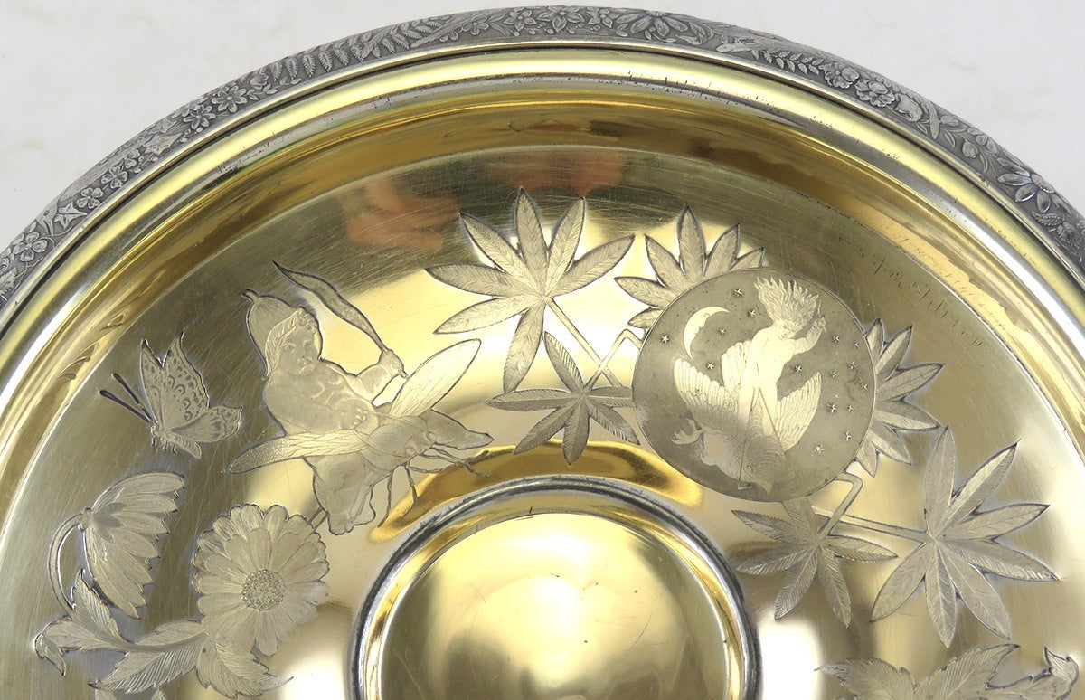 Antique c1885 Hartford Silver Plate Co Gold Wash Motif Basket 10"