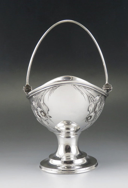 Antique c1850 Early Tiffany Co Coin Silver Hand Chased Floral Basket