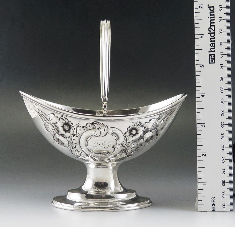 Antique c1850 Early Tiffany Co Coin Silver Hand Chased Floral Basket
