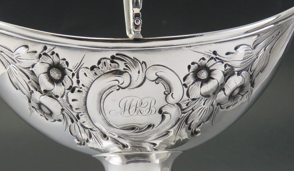 Antique c1850 Early Tiffany Co Coin Silver Hand Chased Floral Basket