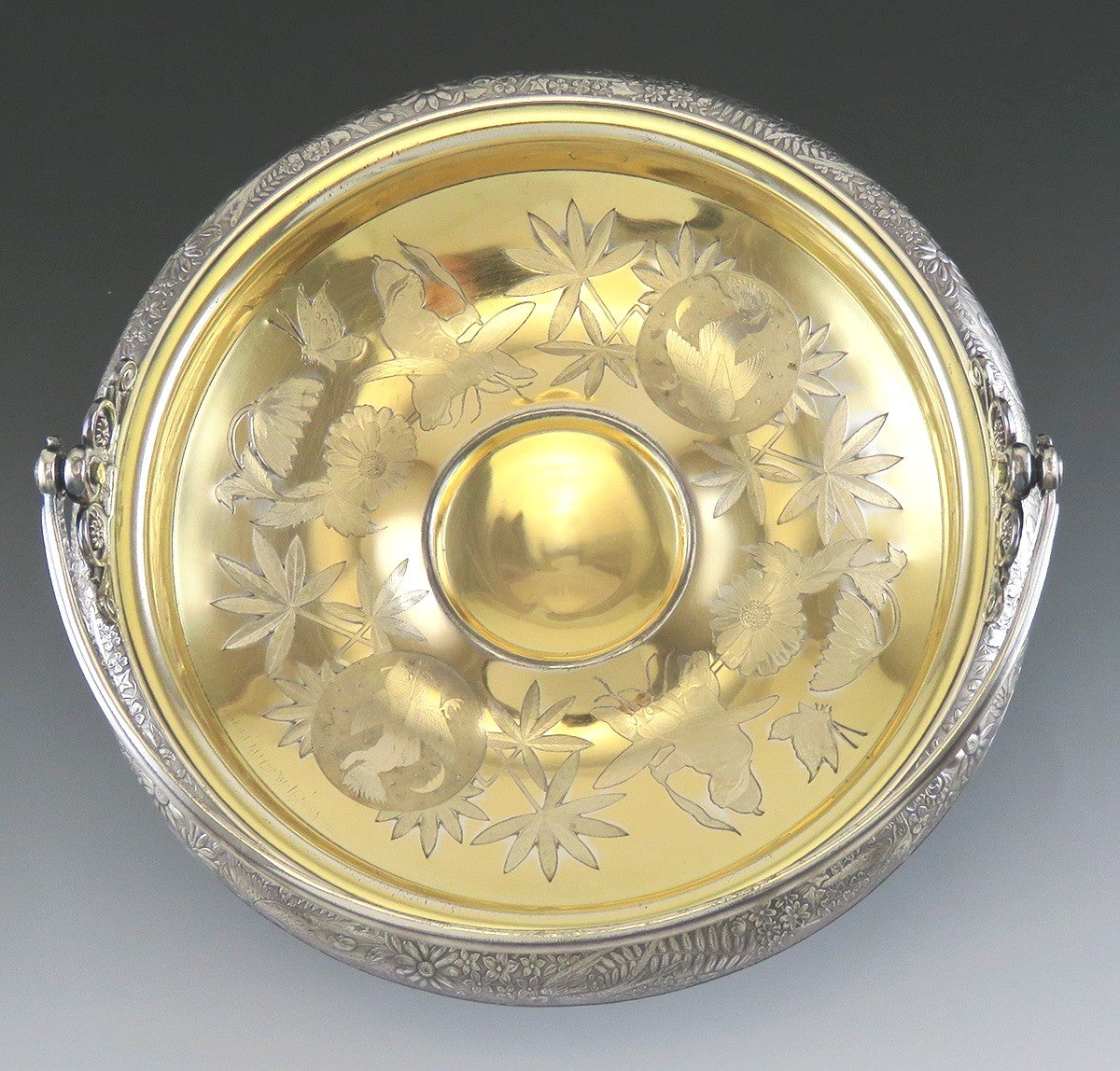 Antique c1885 Hartford Silver Plate Co Gold Wash Motif Basket 10"