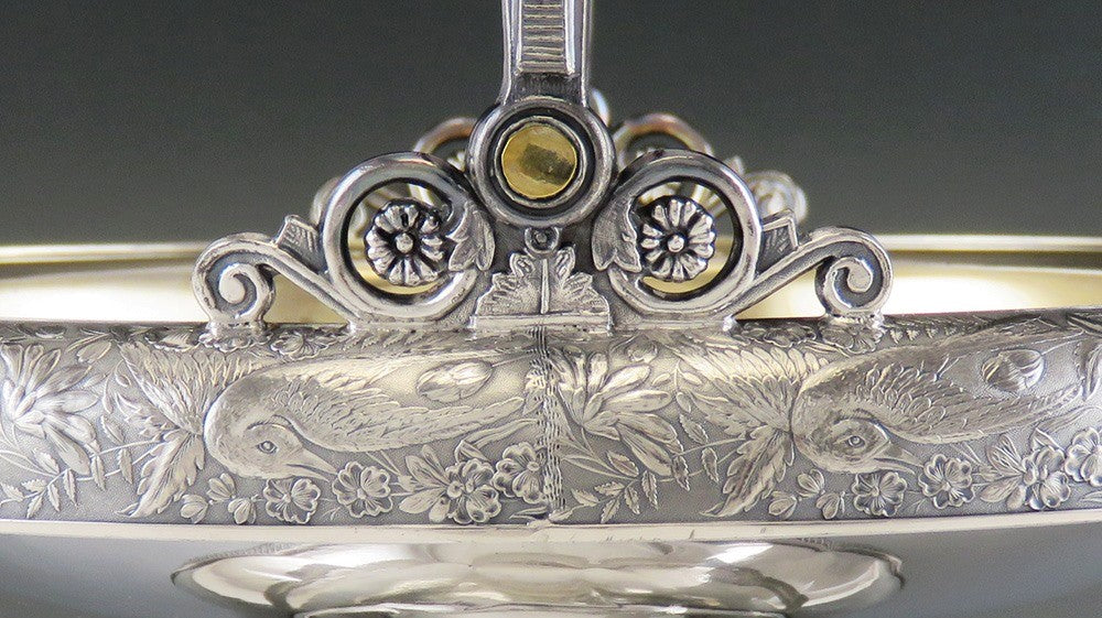 Antique c1885 Hartford Silver Plate Co Gold Wash Motif Basket 10"