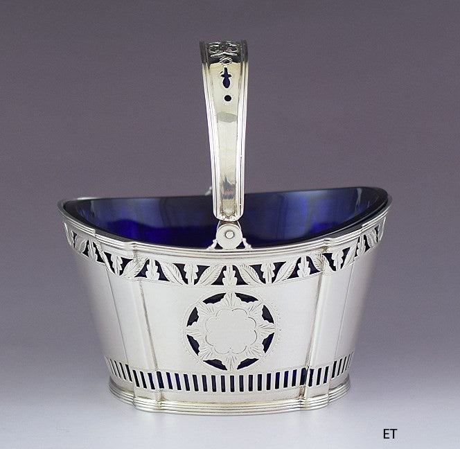 Classical Durgin Sterling Silver English Style Sugar Basket w Cobalt Glass Liner