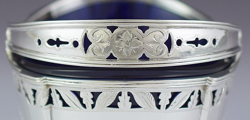 Classical Durgin Sterling Silver English Style Sugar Basket w Cobalt Glass Liner