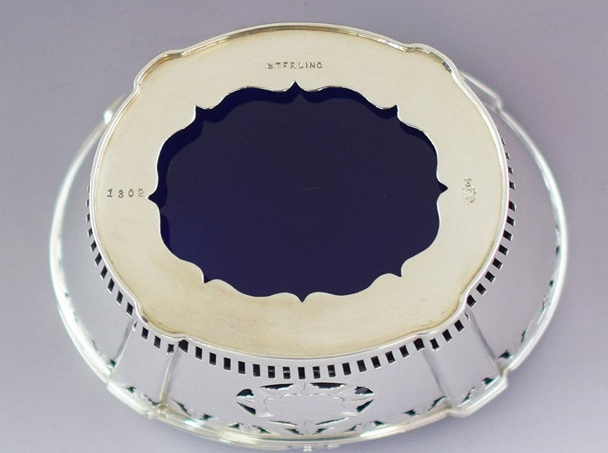 Classical Durgin Sterling Silver English Style Sugar Basket w Cobalt Glass Liner