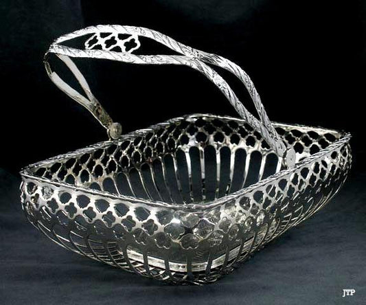 Heavy Portuguese Silver Pierced Swing Handle Basket