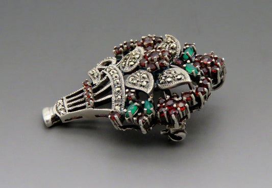 Vintage Sterling Silver Garnet Marcasite Gemstone Vase of Flowers Pin