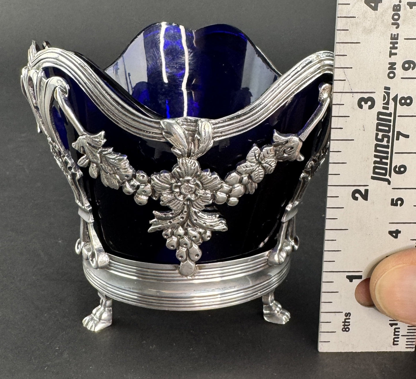 Pre Revolution French 1st Standard 950 Silver Openwork Bowl Basket Cobalt Liner