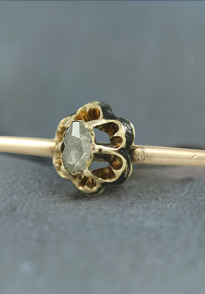 Victorian 1880s 14K Rose Gold Mine Cut Diamond Bar Pin