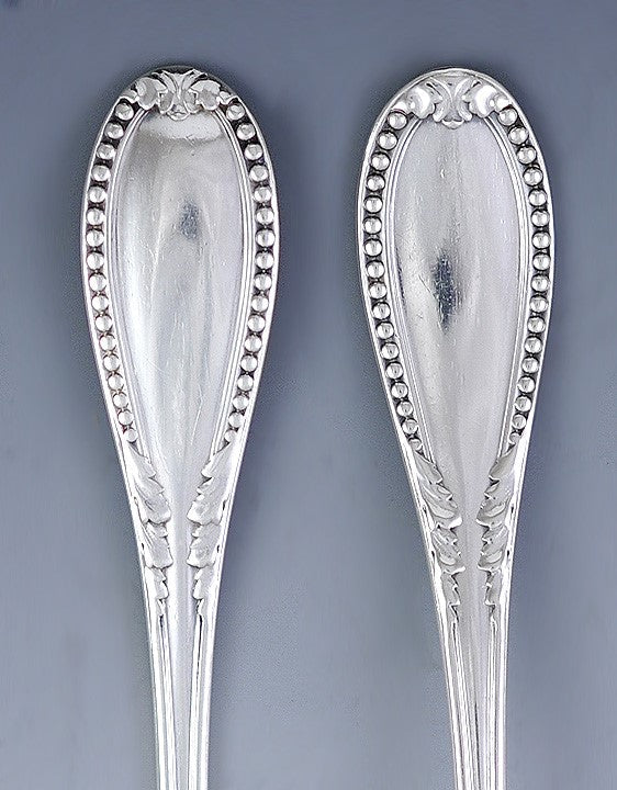 5 French 19th Century Sterling Silver Bead Leaf Teaspoons NO MONO 5 5/8"