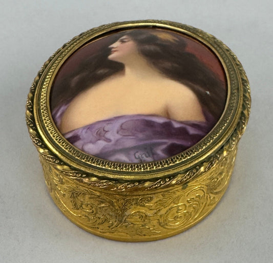 c1895 European Hand Painted Miniature Portrait of a Gypsy Woman Gilt Bronze Box