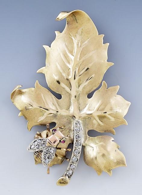 Early 1900s Artisan Austrian 14k Yellow Gold Diamond Leaf and Fly Pin Brooch