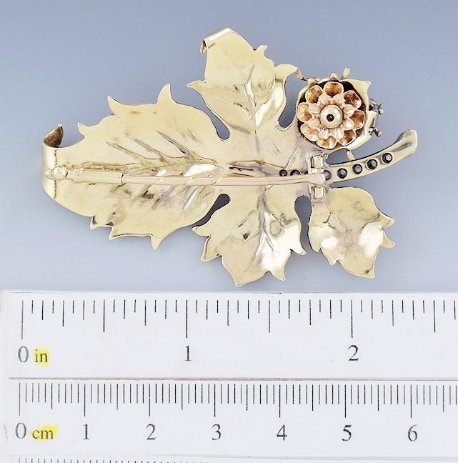 Early 1900s Artisan Austrian 14k Yellow Gold Diamond Leaf and Fly Pin Brooch