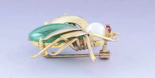 Charming 14k Gold Pearl Aventurine Cicada Beetle Insect Pin / Brooch