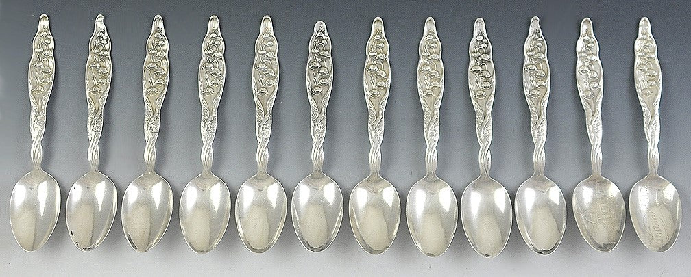 Nice Set 12 Sterling Silver Teaspoons by Whiting Lily of the Valley Pattern
