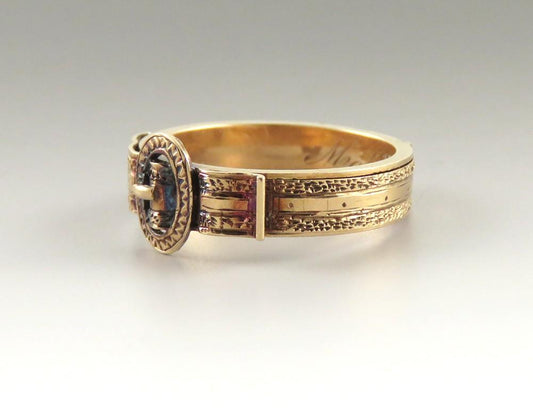 Rare c1830s Victorian 10k Gold Hinged Belt Buckle Hair Memorial Ring "Mother"