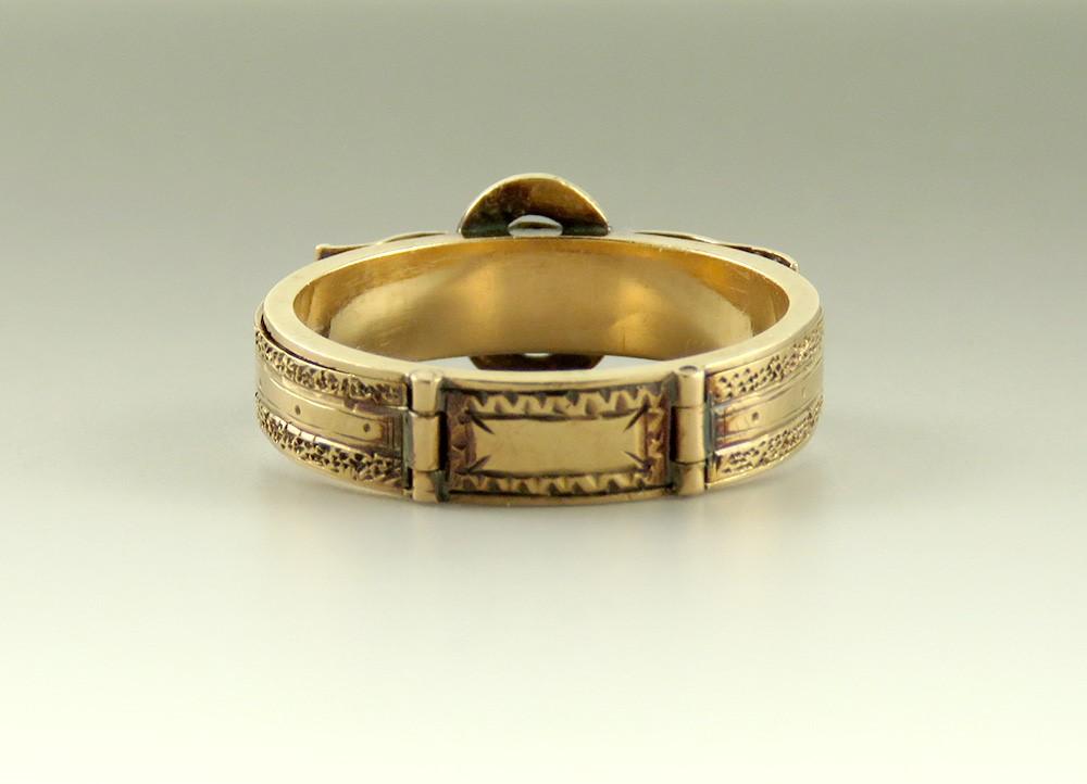 Rare c1830s Victorian 10k Gold Hinged Belt Buckle Hair Memorial Ring "Mother"