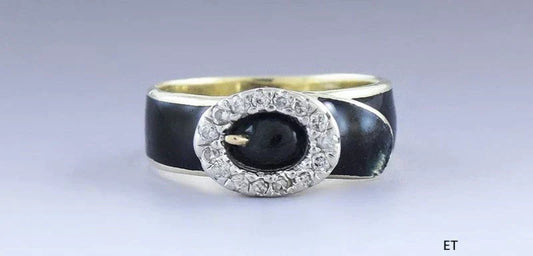 VTG 14k Yellow Gold Diamond Black Enamel Belt Buckle Design Ring
