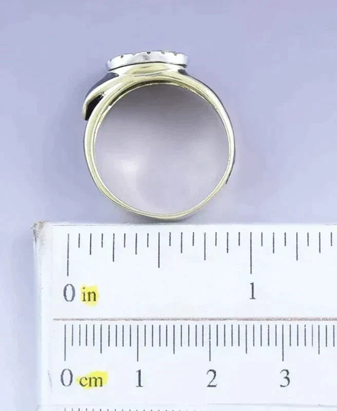VTG 14k Yellow Gold Diamond Black Enamel Belt Buckle Design Ring