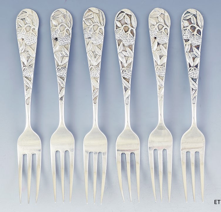 c1850-1910 Fine set 6 Chinese Export Silver Berry Motif Fruit Forks