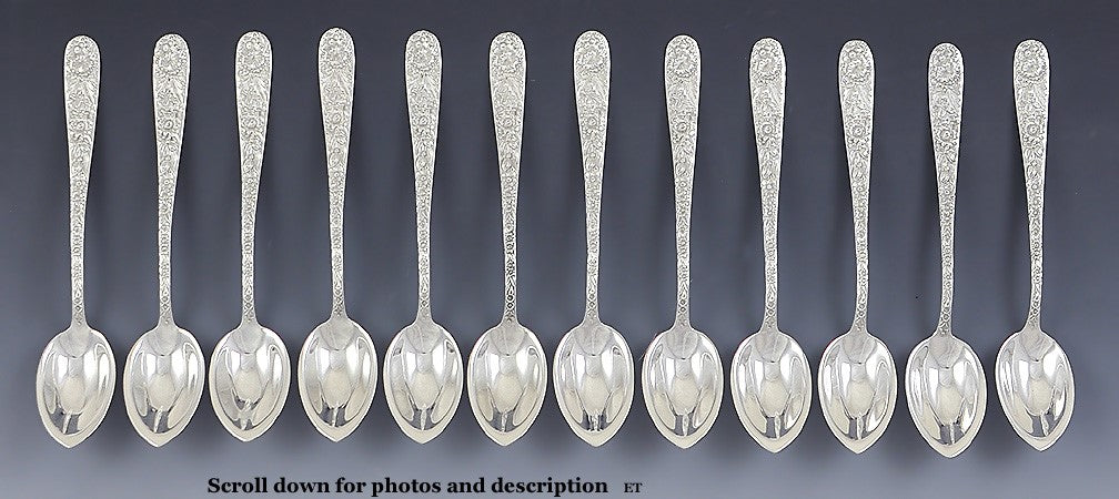 1924-1932 Set 12 Kirk Repousse Pat Sterling Silver Citrus/Grapefruit Spoons