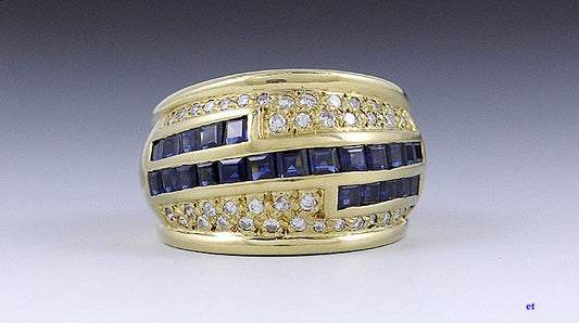 Stunning 18K Yellow Gold 2ct Blue Sapphire .66ct Diamond Band Ring Size 6