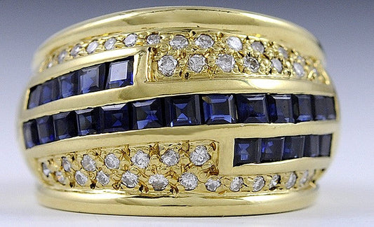 Stunning 18K Yellow Gold 2ct Blue Sapphire .66ct Diamond Band Ring Size 6