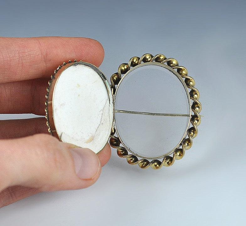 Unusual Carved Lava Cameo Locket Brooch Depicts Woman's Head in 3/4 Position