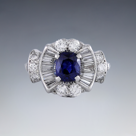 Brilliant Stunning Platinum 1ct Blue Sapphire .50ct Diamond Ring Size 6