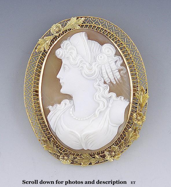 Large C1900 10k Multi Color Gold & Carved Shell Cameo Brooch/Pin/Pendant